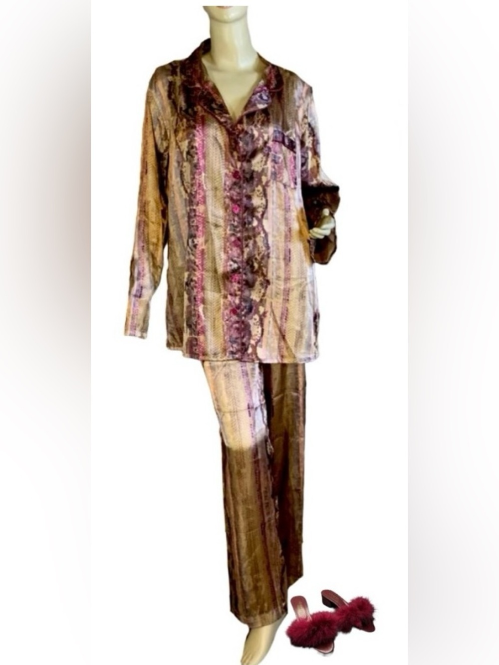VINTAGE Y2K JACLYN SMITH BURGUNDY & TAN SATIN SNAKESKIN PRINT PAJAMA SET (2X)